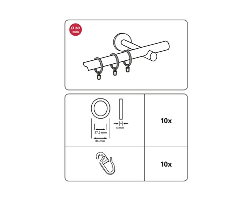 Technische Zeichnung von Gardinenringen mit Durchmesser 20 Millimeter und Gardinenhaken, 10 Stück