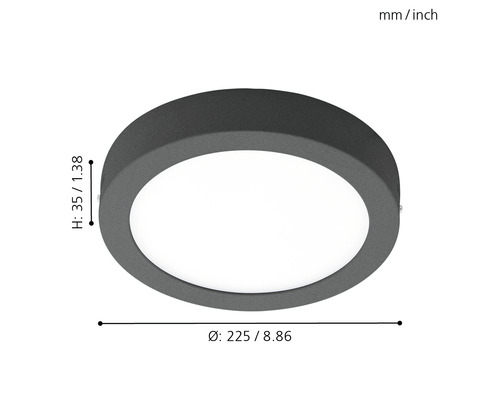 Technische Zeichnung einer grauen Deckenleuchte mit den Maßangaben Höhe 35 Millimeter und Durchmesser 225 Millimeter.