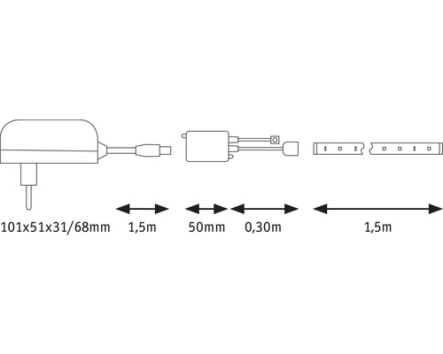 Abbildung der Abmessungen eines LED-Streifens mit Netzteil, Stecker und Trafo.