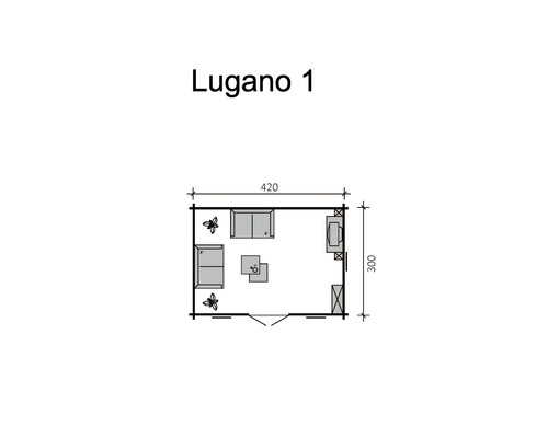 Grundriss Lugano 1 Gartenhaus mit Möbeln, 420 mal 300 Zentimeter