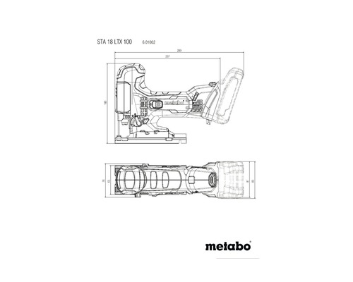 Technische Zeichnung der Metabo STA 18 LTX 100 Stichsäge mit Maßangaben