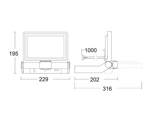 Technische Zeichnung einer LED-Wandleuchte mit den Maßen 195 x 229 x 202 mm