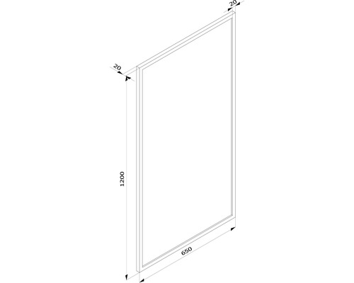 Technische Zeichnung einer Duschwand mit den Maßen 1200 x 650 mm
