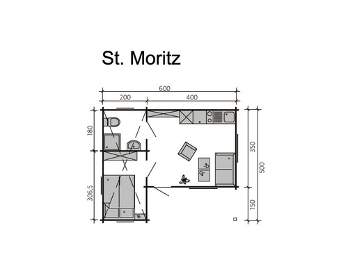 Grundriss St. Moritz mit Maßangaben für Bad, Küche und Wohnbereich