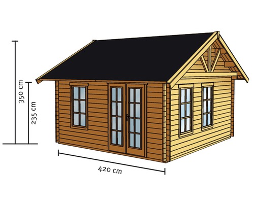 Illustration eines Gartenhauses aus Holz mit den Maßen 420 cm Länge, 235 cm Seitenhöhe und 350 cm Gesamthöhe.