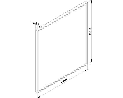 Technische Zeichnung eines Paneels mit den Maßen 600 mal 650 Millimeter und einer Dicke von 25 Millimeter