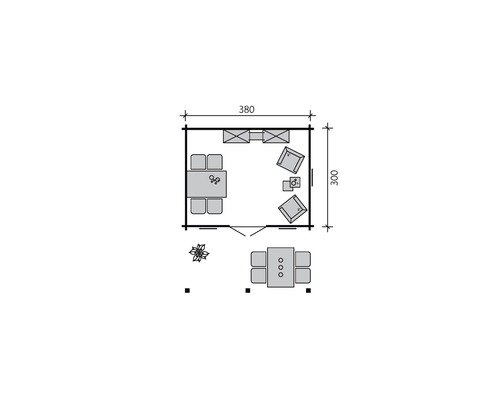 Grundriss des Gartenhauses mit Maßen 380 x 300 cm, inklusive Möbelanordnung