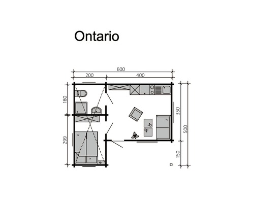 Grundriss des Gartenhauses Ontario mit Bemaßung
