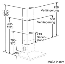 Maßzeichnung einer Dunstabzugshaube mit Maßangaben in Millimetern