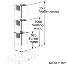 Technische Zeichnung einer Dunstabzugshaube mit Maßangaben zu Verlängerung und Serienstand in Millimeter.