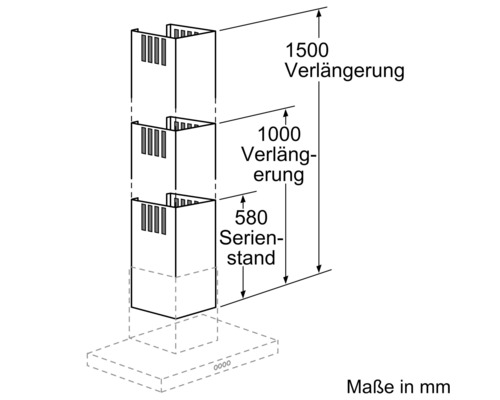 Technische Zeichnung einer Dunstabzugshaube mit Maßangaben zu Standardhöhe und Verlängerung