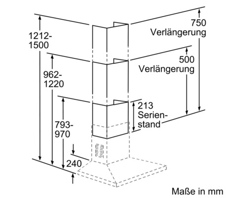 Maßzeichnung einer Dunstabzugshaube mit Angaben zu Höhe und Verlängerung