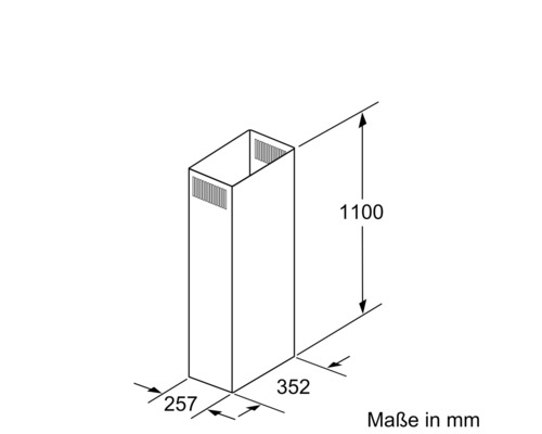 Technische Zeichnung einer Dunstabzugshaube mit Maßangaben in Millimetern