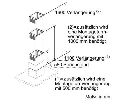 Technische Zeichnung Dunstabzugshaube mit Maßangaben zur Verlängerung des Montageturms
