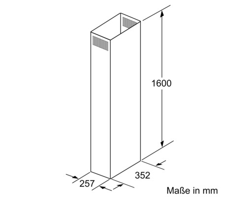 Technische Zeichnung einer Dunstabzugshaube mit Maßangaben in Millimetern