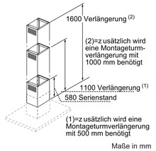 Technische Zeichnung einer Dunstabzugshaube mit Maßangaben in Millimeter