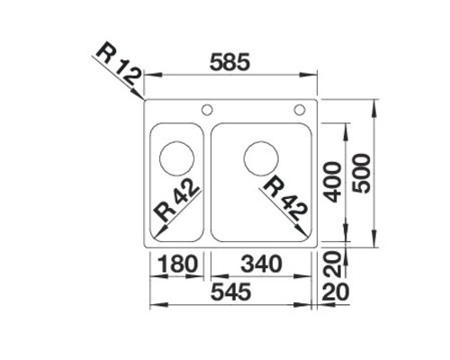 Zeichnung einer Spüle mit Maßangaben