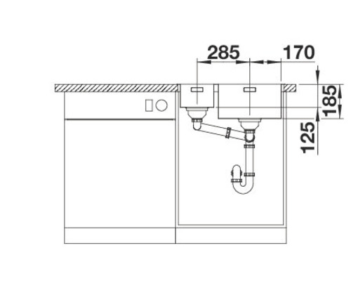 Technische Zeichnung einer Spüle mit Maßen für die Küchenplanung