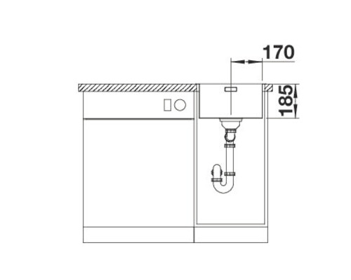 Technische Zeichnung einer Spüle mit Abmessungen.