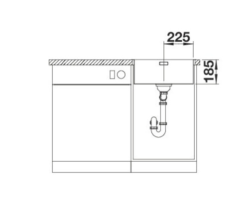 Schema einer Küchenspüle mit Unterschrank und den Maßangaben 225 und 185.