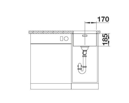 Skizze eines Spülbeckens mit Unterschrank und Maßangaben