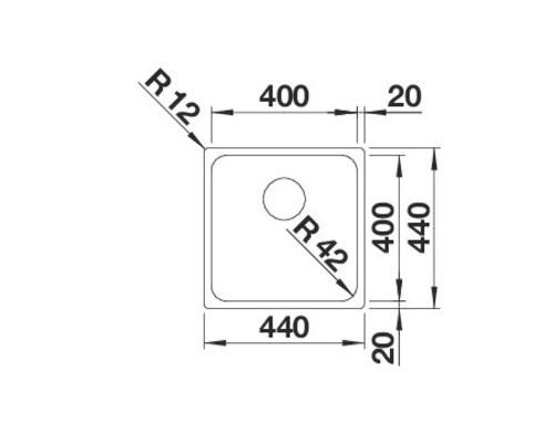 Technische Zeichnung einer Spüle mit Maßangaben