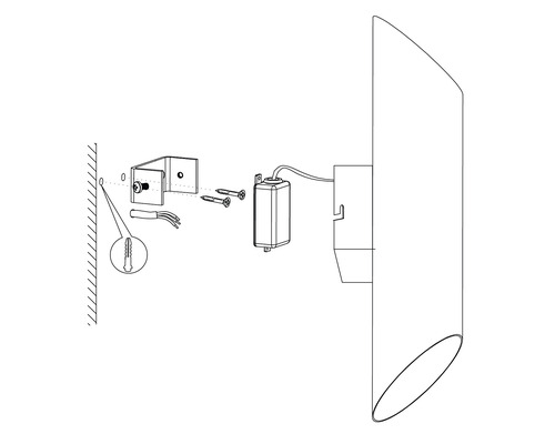 Montageanleitung für eine Wandleuchte mit Befestigungsmaterial und elektrischen Anschlüssen.