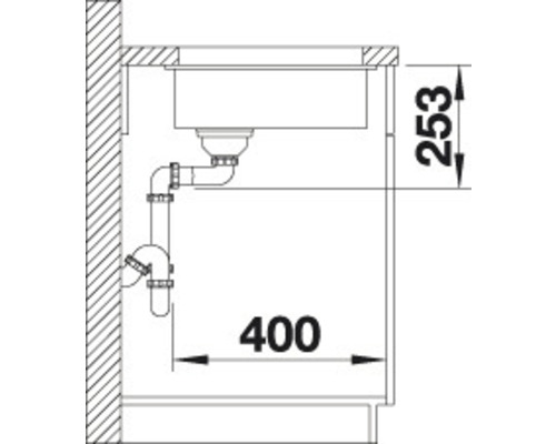 Technische Zeichnung einer Spüle mit Maßangaben