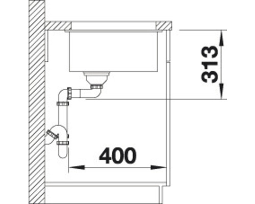 Zeichnung einer Spüle mit Abmessungen.