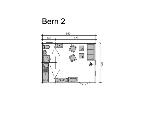 Grundrisszeichnung des Gartenhauses Bern 2 mit Maßangaben