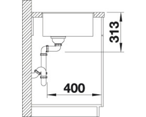 Skizze eines Spültischs mit Abmessungen und Siphon