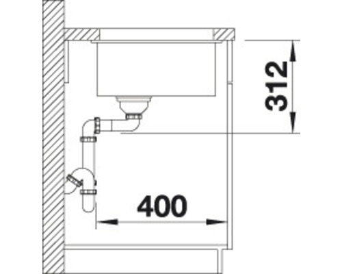 Technische Zeichnung einer Spüle mit Maßangaben 312 und 400.