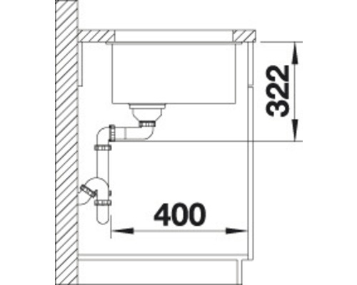Skizze einer Spüle mit Abmessungen 322 und 400