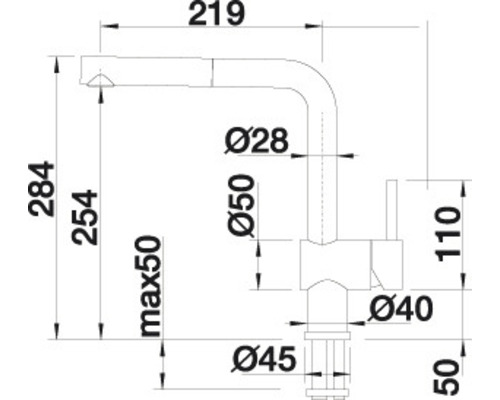 Maßzeichnung einer Küchenarmatur mit den Maßen 284, 254, maximal 50, 219, Durchmesser 28, Durchmesser 50, 110, Durchmesser 40 und Durchmesser 45.