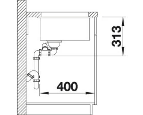 Skizze einer Küchenspüle mit Abmessungen.