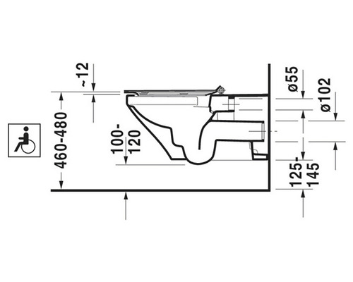 Technische Zeichnung eines wandhängenden WCs mit Maßangaben und Symbol für Barrierefreiheit.