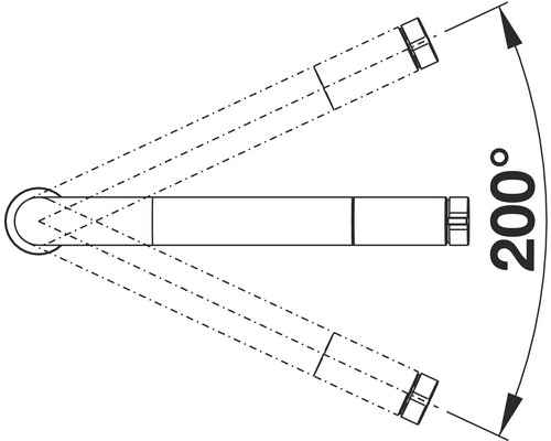 Zeichnung eines schwenkbaren Toilettenpapierhalters mit einem Schwenkbereich von 200 Grad.