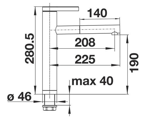 Technische Zeichnung einer Armatur mit Maßangaben in Millimeter