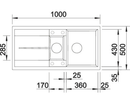 Technische Zeichnung einer Küchenspüle mit Maßangaben