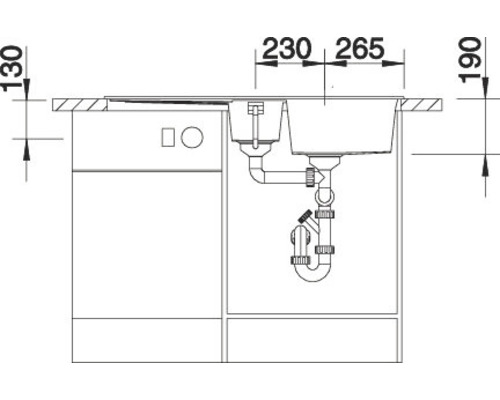 Technische Zeichnung einer Spüle mit Unterschrank und Maßangaben.