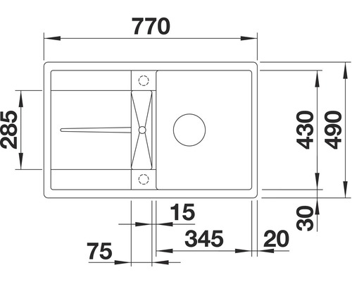 Technische Zeichnung einer Küchenspüle mit Maßangaben