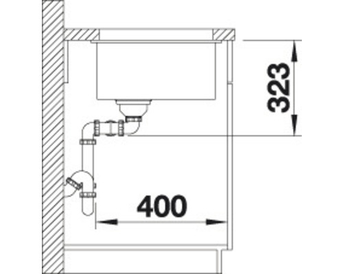 Technische Zeichnung einer Spüle mit Abmessungen