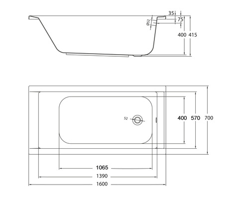 Technische Zeichnung einer Badewanne mit Maßangaben