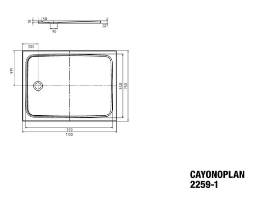 Technische Zeichnung einer Duschwanne mit Maßangaben