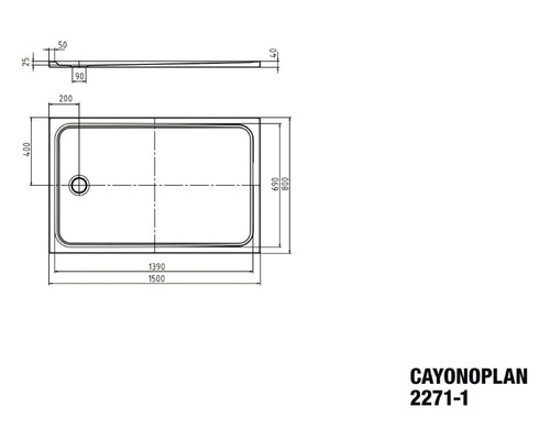 Technische Zeichnung einer Duschwanne mit Maßangaben