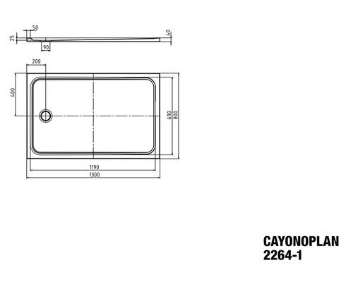 Technische Zeichnung der Duschwanne Cayonoplan mit Maßangaben