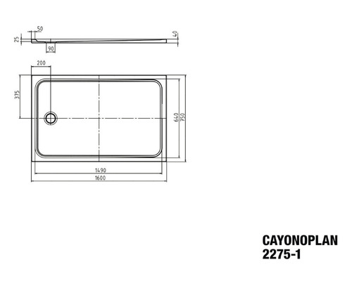 Technische Zeichnung einer Duschwanne mit Maßangaben