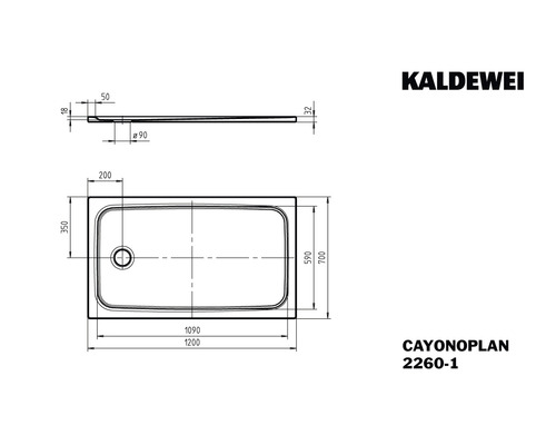 Technische Zeichnung einer Kaldewei CAYONOPLAN Duschwanne mit Maßangaben
