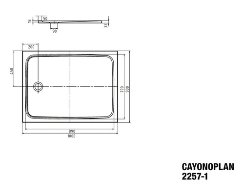 Technische Zeichnung der Duschwanne Cayonoplan 2257-1 mit Maßangaben