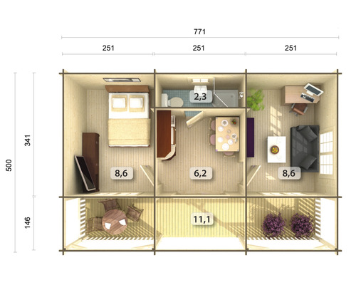 Grundriss eines Holzhauses mit Schlafzimmer, Bad, Wohnzimmer, Esszimmer und Terrasse mit Bemaßungen